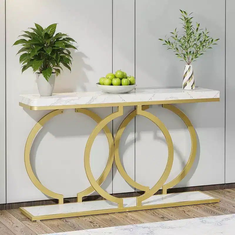 MAYEERTY 55.1 Table console dorée, table d'entrée en placage de faux marbre avec base géométrique en forme de O
