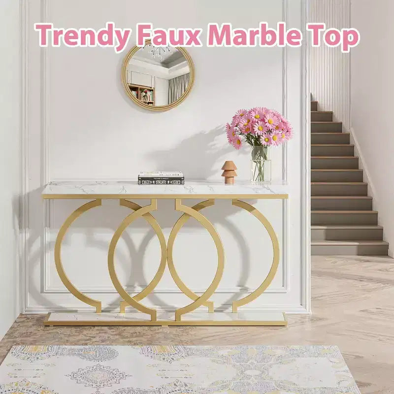 MAYEERTY 55.1 Table console dorée, table d'entrée en placage de faux marbre avec base géométrique en forme de O