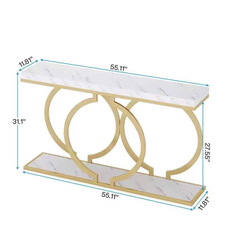 MAYEERTY 55.1 Table console dorée, table d'entrée en placage de faux marbre avec base géométrique en forme de O