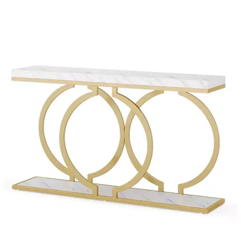 MAYEERTY 55.1 Table console dorée, table d'entrée en placage de faux marbre avec base géométrique en forme de O