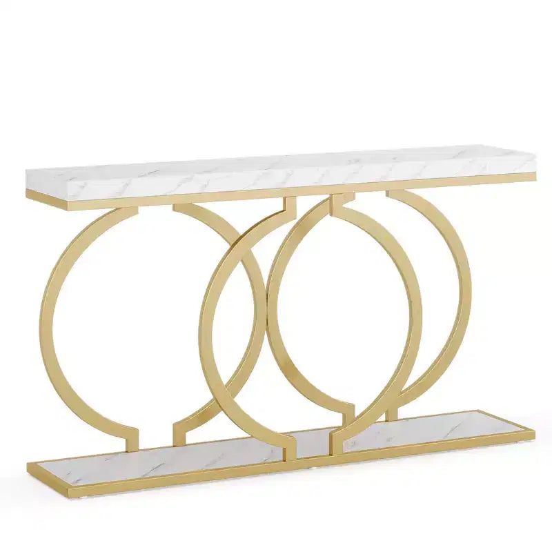 MAYEERTY 55.1 Table console dorée, table d'entrée en placage de faux marbre avec base géométrique en forme de O