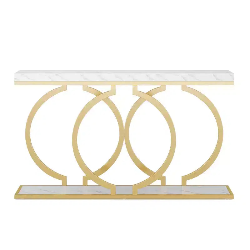 MAYEERTY 55.1 Table console dorée, table d'entrée en placage de faux marbre avec base géométrique en forme de O
