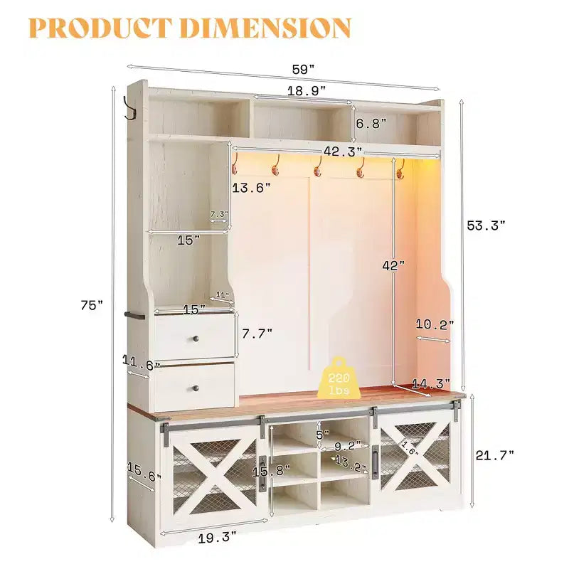 AMERLIFE Arbre de Hall d'entrée 7-en-1 style ferme avec banc et armoire à chaussures, organisateur d'entrée LED avec tiroirs