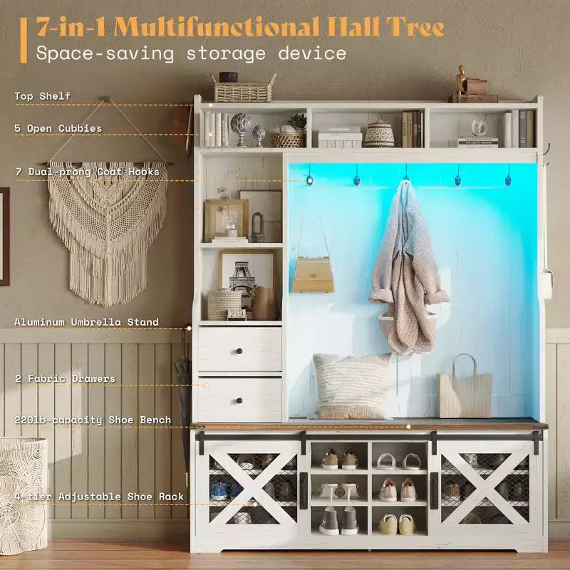 AMERLIFE Arbre de Hall d'entrée 7-en-1 style ferme avec banc et armoire à chaussures, organisateur d'entrée LED avec tiroirs