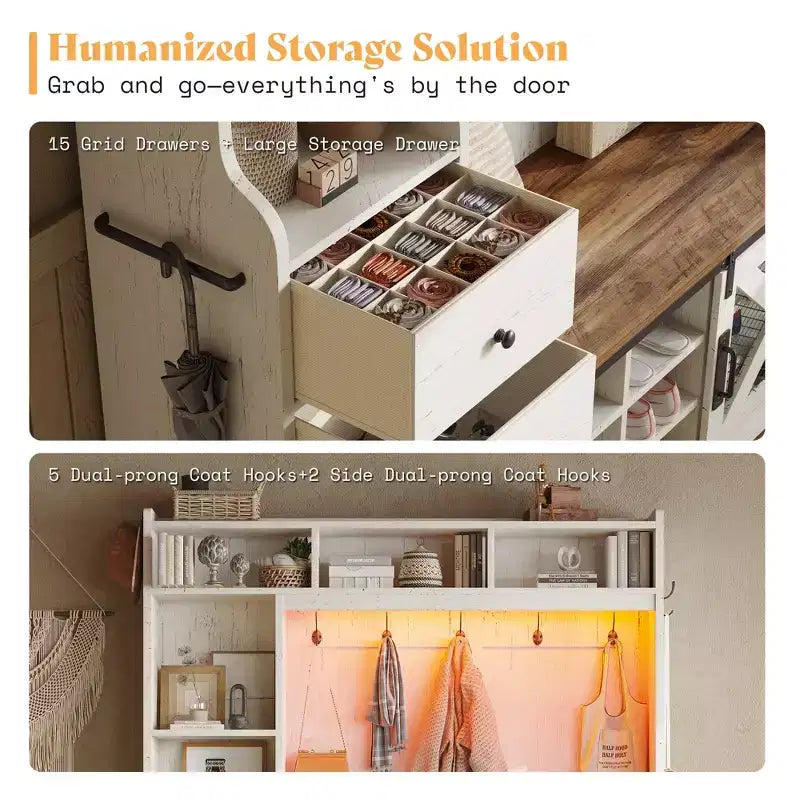 AMERLIFE Arbre de Hall d'entrée 7-en-1 style ferme avec banc et armoire à chaussures, organisateur d'entrée LED avec tiroirs