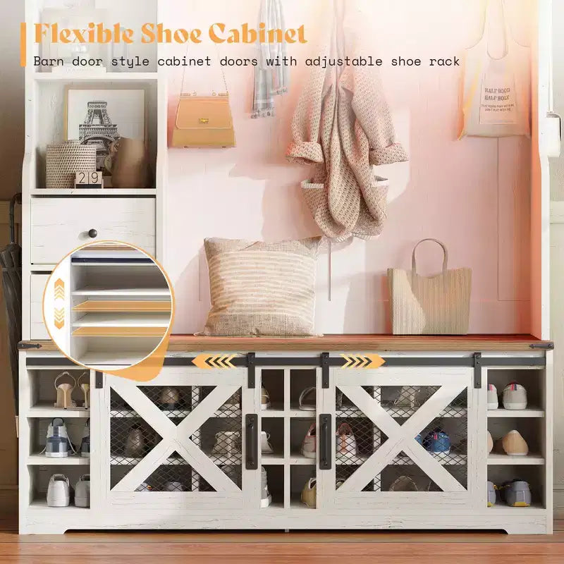 AMERLIFE Arbre de Hall d'entrée 7-en-1 style ferme avec banc et armoire à chaussures, organisateur d'entrée LED avec tiroirs