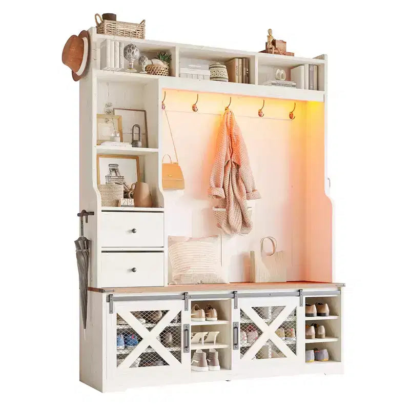 AMERLIFE Arbre de Hall d'entrée 7-en-1 style ferme avec banc et armoire à chaussures, organisateur d'entrée LED avec tiroirs