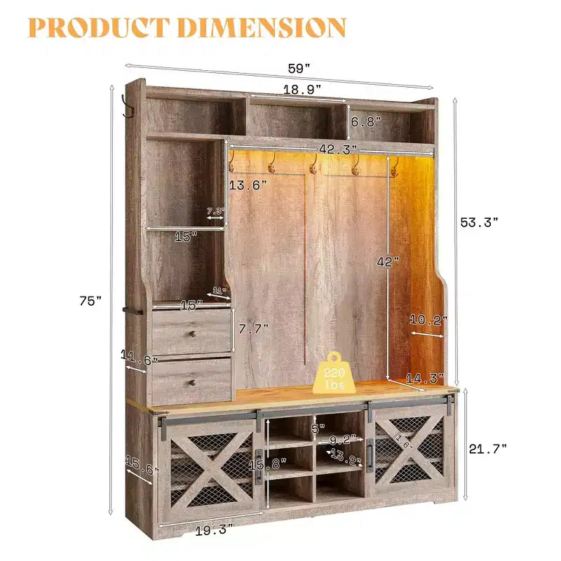 AMERLIFE Arbre de Hall d'entrée 7-en-1 style ferme avec banc et armoire à chaussures, organisateur d'entrée LED avec tiroirs