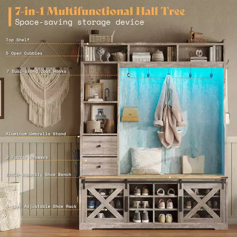 AMERLIFE Arbre de Hall d'entrée 7-en-1 style ferme avec banc et armoire à chaussures, organisateur d'entrée LED avec tiroirs