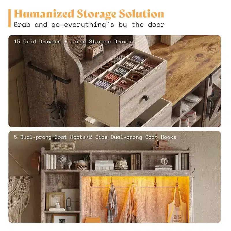 AMERLIFE Arbre de Hall d'entrée 7-en-1 style ferme avec banc et armoire à chaussures, organisateur d'entrée LED avec tiroirs