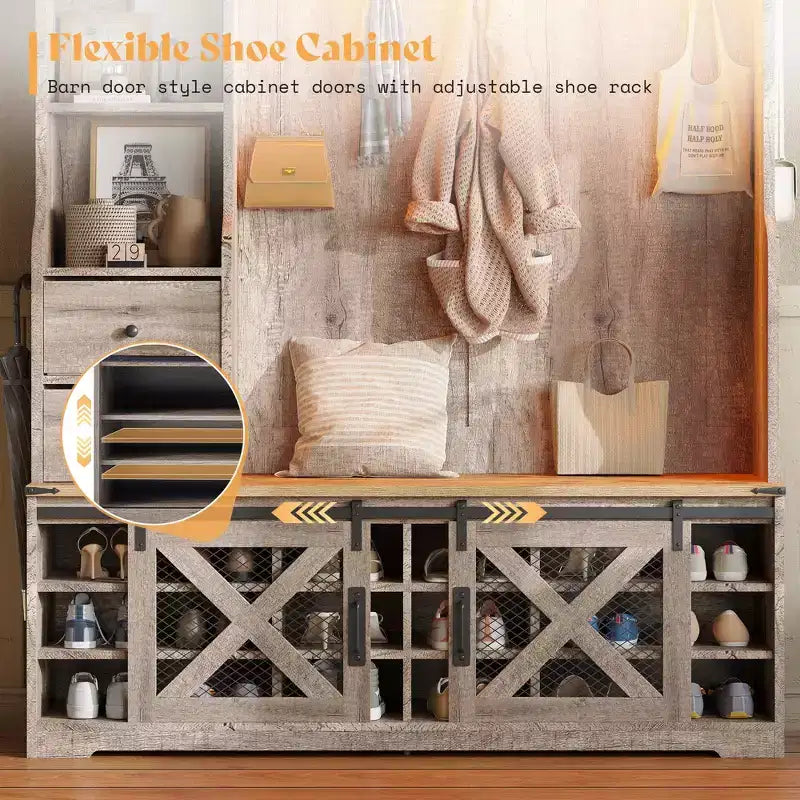 AMERLIFE Arbre de Hall d'entrée 7-en-1 style ferme avec banc et armoire à chaussures, organisateur d'entrée LED avec tiroirs