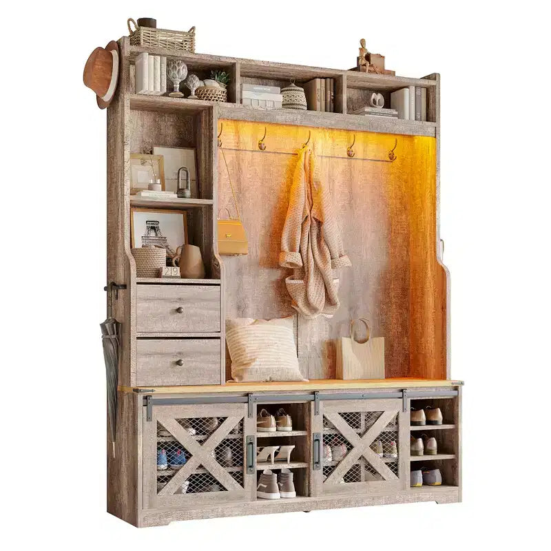 AMERLIFE Arbre de Hall d'entrée 7-en-1 style ferme avec banc et armoire à chaussures, organisateur d'entrée LED avec tiroirs