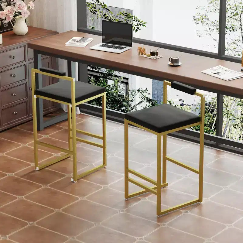 MAYEERTY Tabourets de bar modernes en velours à hauteur de comptoir, lot de 2, avec dossier bas, tabourets de salle à manger rembourrés pour îlot de cuisine, or et noir