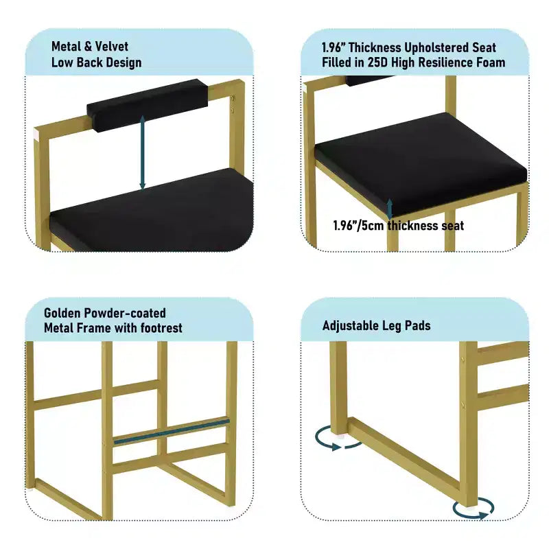 MAYEERTY Tabourets de bar modernes en velours à hauteur de comptoir, lot de 2, avec dossier bas, tabourets de salle à manger rembourrés pour îlot de cuisine, or et noir