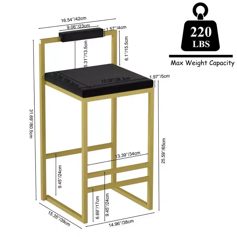 MAYEERTY Tabourets de bar modernes en velours à hauteur de comptoir, lot de 2, avec dossier bas, tabourets de salle à manger rembourrés pour îlot de cuisine, or et noir