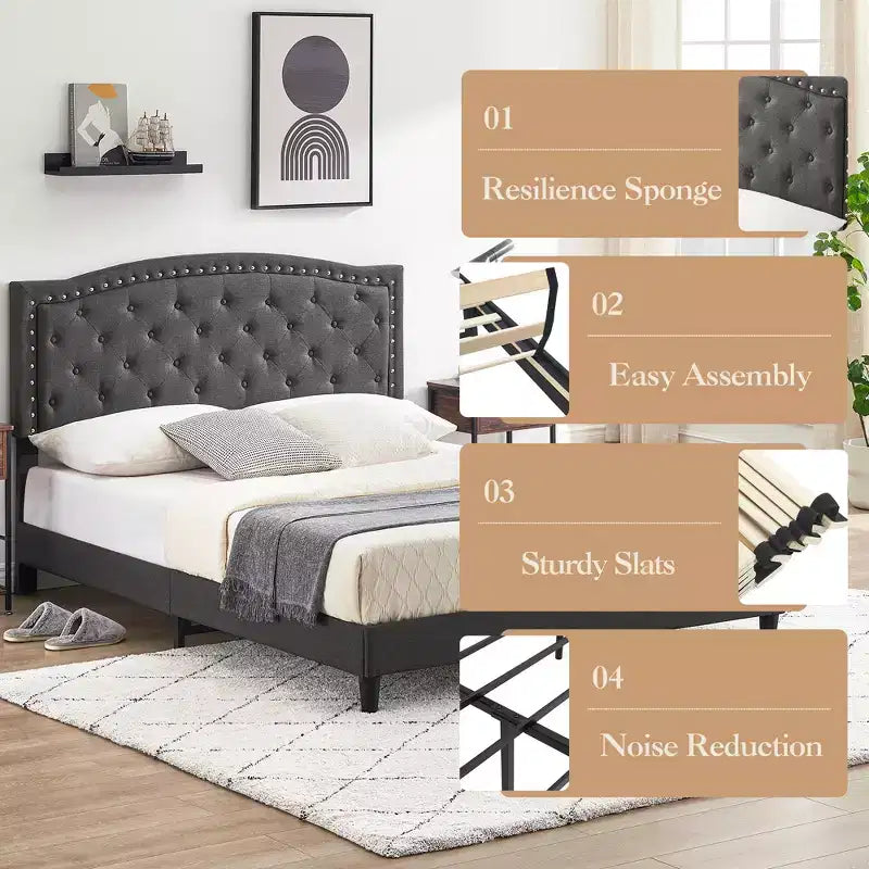 Cadre de lit plateforme pleine grandeur, tête de lit réglable, lattes en bois, base de matelas à cadre métallique, décoration de rivets boutonnés, pas besoin de sommier tapissier