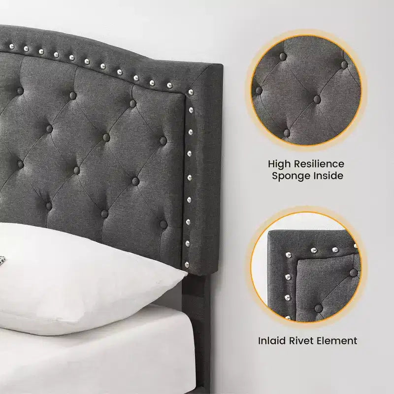 Cadre de lit plateforme pleine grandeur, tête de lit réglable, lattes en bois, base de matelas à cadre métallique, décoration de rivets boutonnés, pas besoin de sommier tapissier