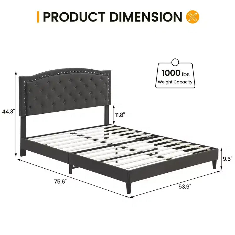 Cadre de lit plateforme pleine grandeur, tête de lit réglable, lattes en bois, base de matelas à cadre métallique, décoration de rivets boutonnés, pas besoin de sommier tapissier