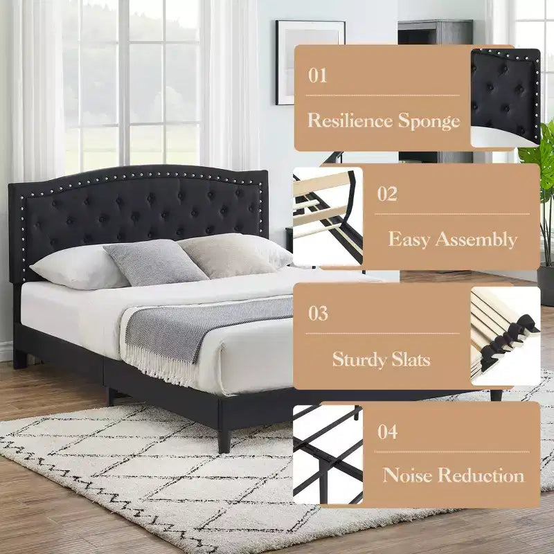 Cadre de lit plateforme pleine grandeur, tête de lit réglable, lattes en bois, base de matelas à cadre métallique, décoration de rivets boutonnés, pas besoin de sommier tapissier