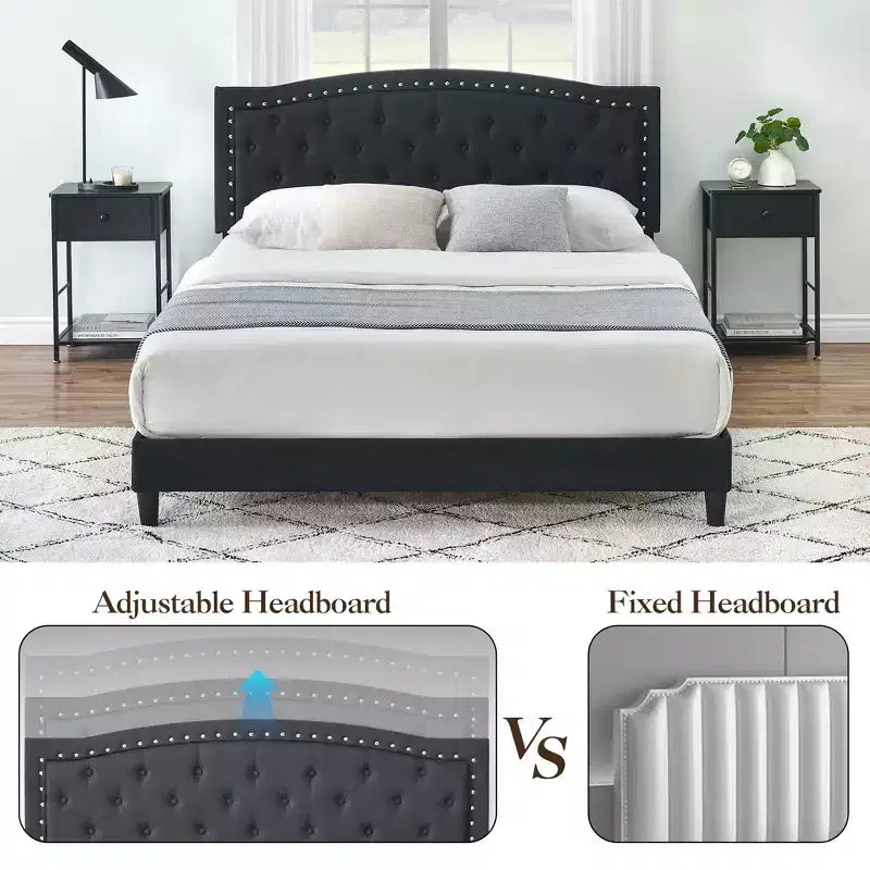 Cadre de lit plateforme pleine grandeur, tête de lit réglable, lattes en bois, base de matelas à cadre métallique, décoration de rivets boutonnés, pas besoin de sommier tapissier