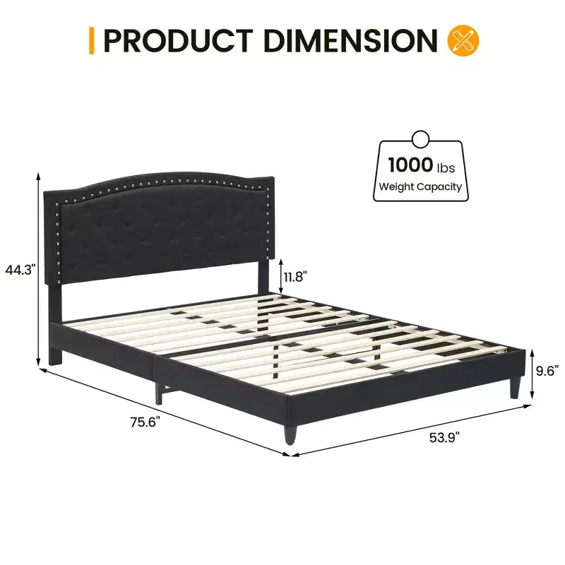Cadre de lit plateforme pleine grandeur, tête de lit réglable, lattes en bois, base de matelas à cadre métallique, décoration de rivets boutonnés, pas besoin de sommier tapissier