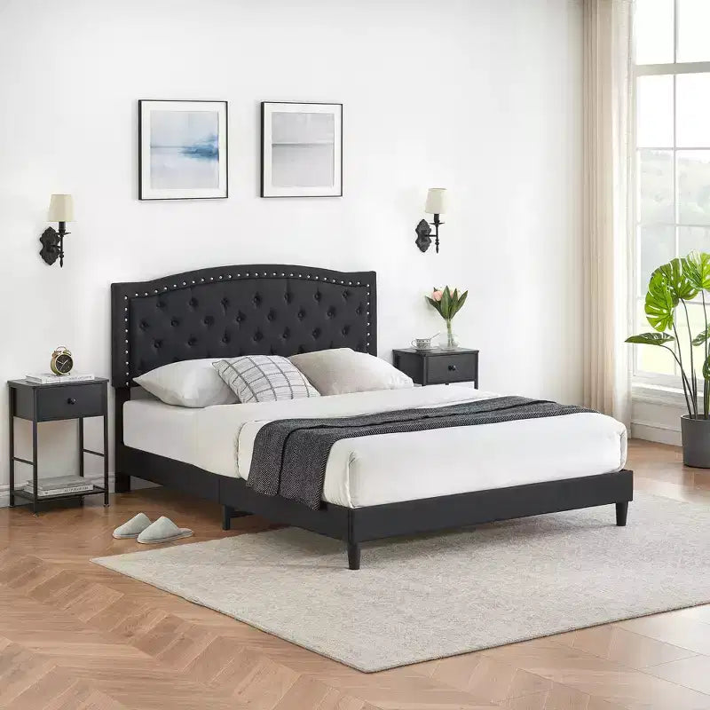 Cadre de lit plateforme pleine grandeur, tête de lit réglable, lattes en bois, base de matelas à cadre métallique, décoration de rivets boutonnés, pas besoin de sommier tapissier