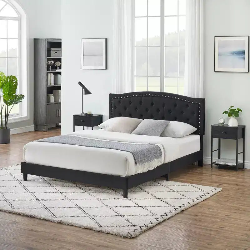 Full Size Platform Bed Frame, Adjustable Headboard, Wooden Slat, Metal Frame Mattress Foundation, Button Rivet Decor, No Box Spring Needed