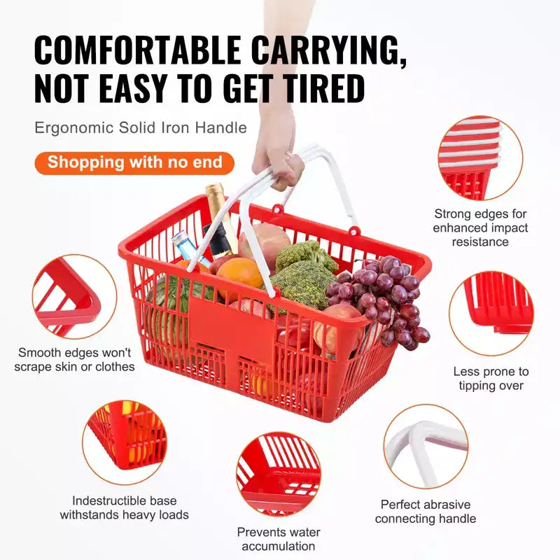 Panier de courses VEVOR, lot de 20, panier d'épicerie durable en plastique de 21 L avec poignée et support, panier de magasin portable en vrac de 41,9 x 30 x 21 cm, rouge