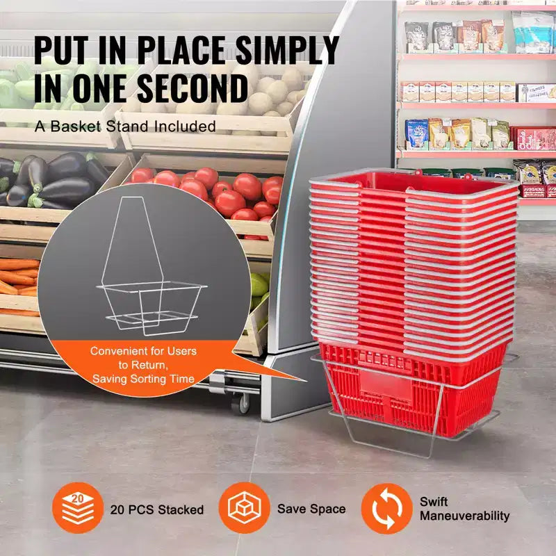 Panier de courses VEVOR, lot de 20, panier d'épicerie durable en plastique de 21 L avec poignée et support, panier de magasin portable en vrac de 41,9 x 30 x 21 cm, rouge