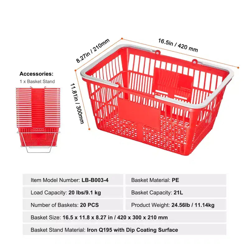 Panier de courses VEVOR, lot de 20, panier d'épicerie durable en plastique de 21 L avec poignée et support, panier de magasin portable en vrac de 41,9 x 30 x 21 cm, rouge