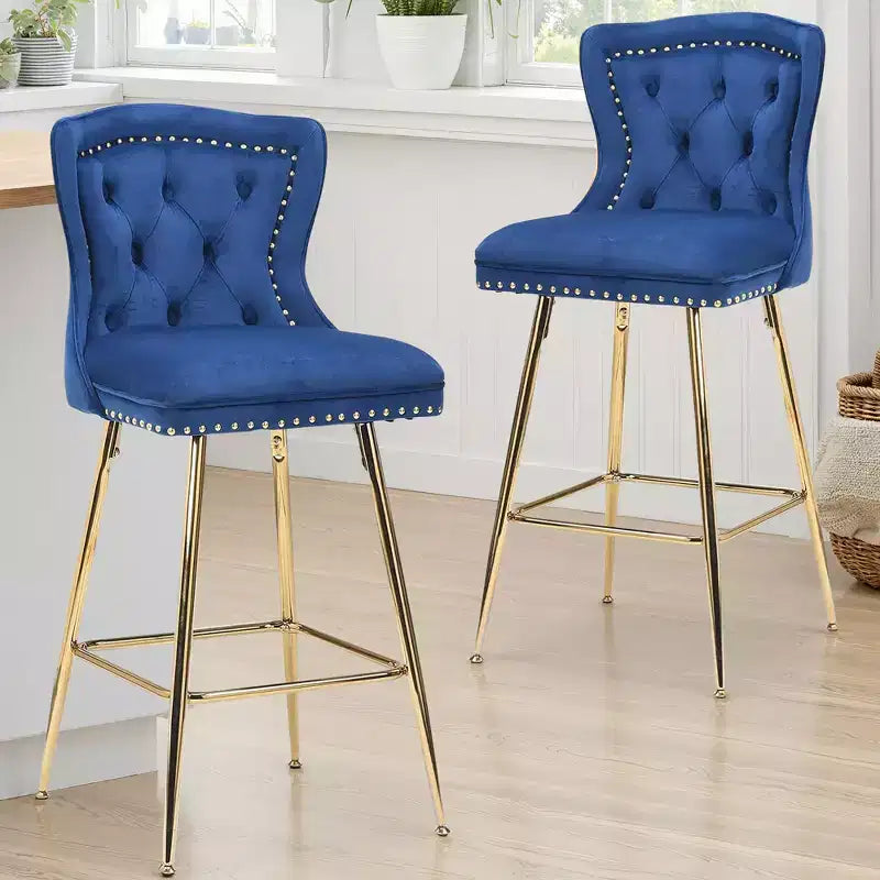 MAYEERTY Blue Velvet Bar Stools Set of 2, Button-Tufted Wing-Back,Metal Legs for Kitchen Island & Pub