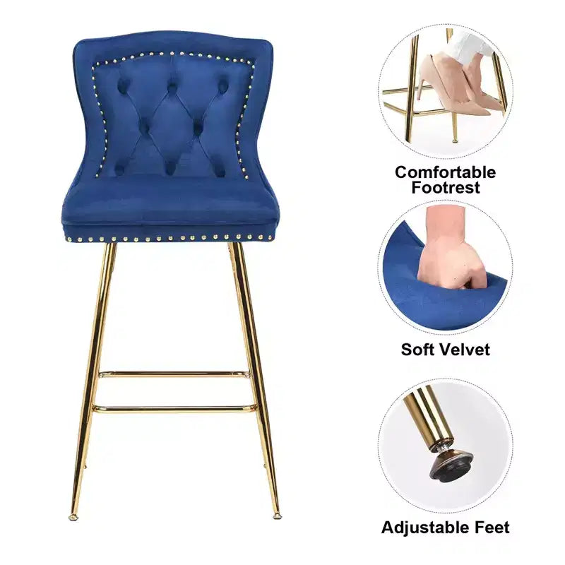MAYEERTY Lot de 2 tabourets de bar en velours bleu, dossier incurvé capitonné, pieds en métal pour îlot de cuisine et bar.