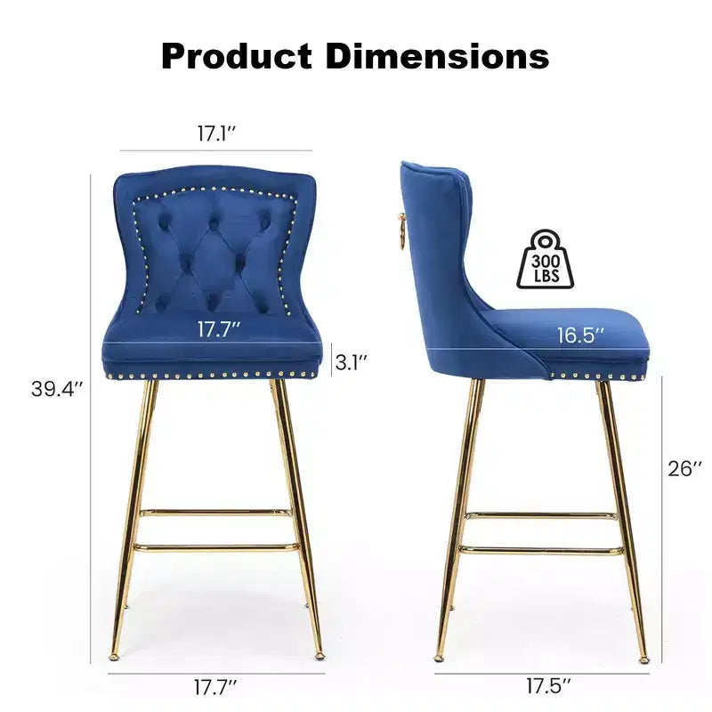 MAYEERTY Lot de 2 tabourets de bar en velours bleu, dossier incurvé capitonné, pieds en métal pour îlot de cuisine et bar.