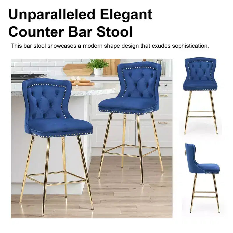 MAYEERTY Lot de 2 tabourets de bar en velours bleu, dossier incurvé capitonné, pieds en métal pour îlot de cuisine et bar.