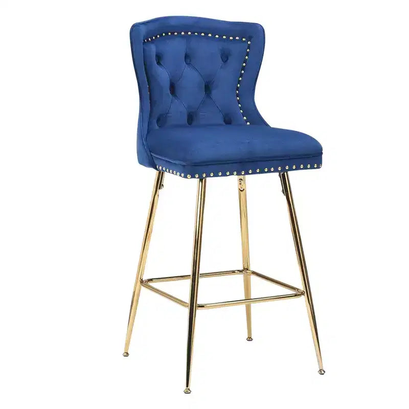 MAYEERTY Lot de 2 tabourets de bar en velours bleu, dossier incurvé capitonné, pieds en métal pour îlot de cuisine et bar.