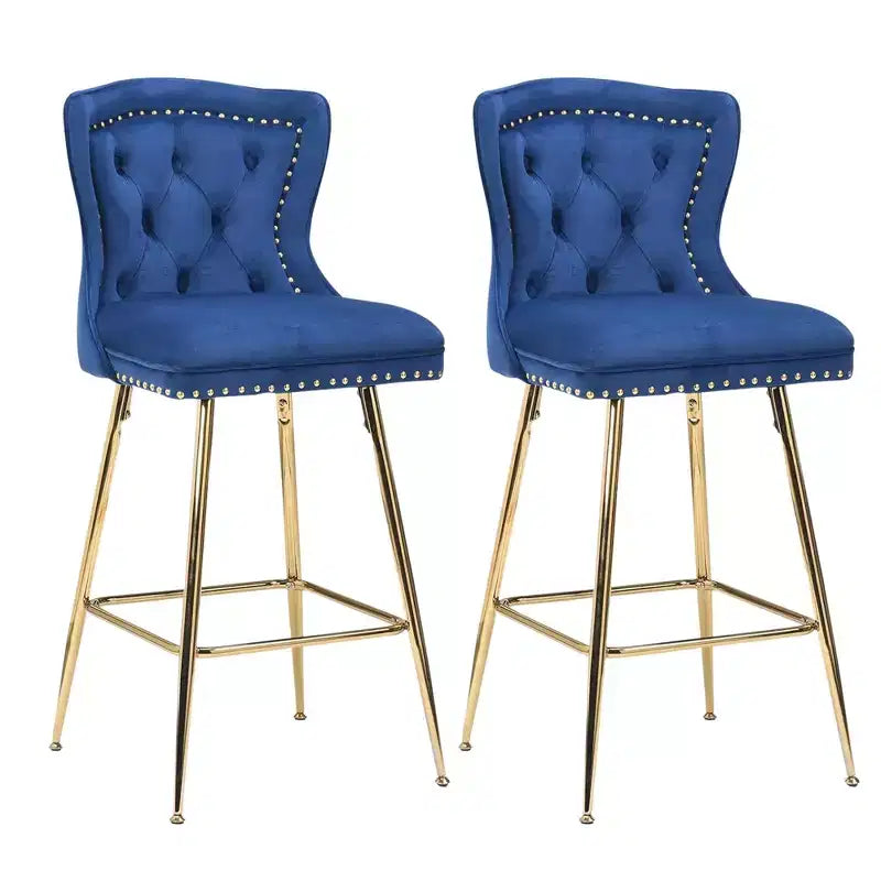 MAYEERTY Lot de 2 tabourets de bar en velours bleu, dossier incurvé capitonné, pieds en métal pour îlot de cuisine et bar.