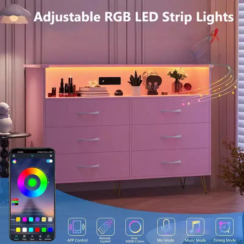 Coiffeuse Intelligente Acekool - Rangement 6 Tiroirs LED avec Station de Recharge