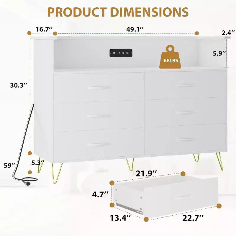 Coiffeuse Intelligente Acekool - Rangement 6 Tiroirs LED avec Station de Recharge