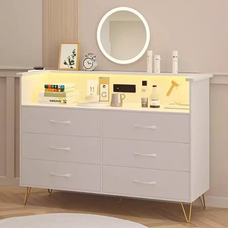 Coiffeuse Intelligente Acekool - Rangement 6 Tiroirs LED avec Station de Recharge