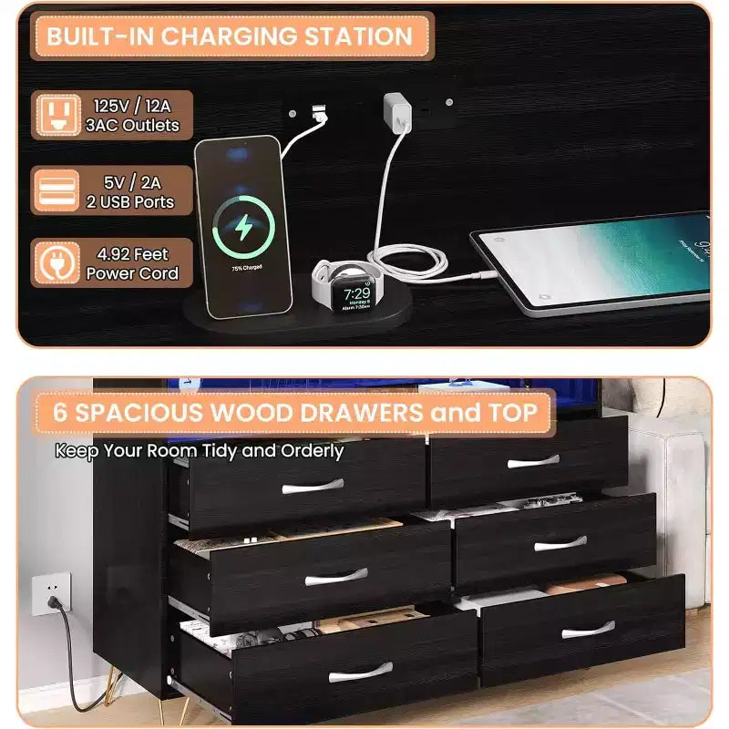 Coiffeuse Intelligente Acekool - Rangement 6 Tiroirs LED avec Station de Recharge