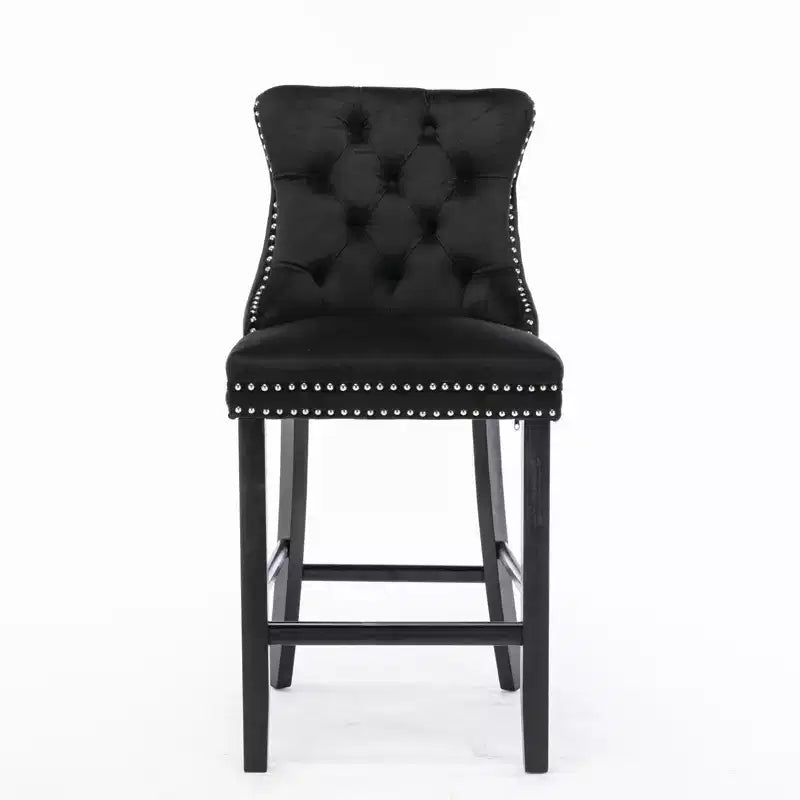 Okak Lot de 2 tabourets de bar contemporains en velours avec capitonnage et garniture cloutée chromée, tabourets rembourrés avec pieds en bois pour îlot de cuisine