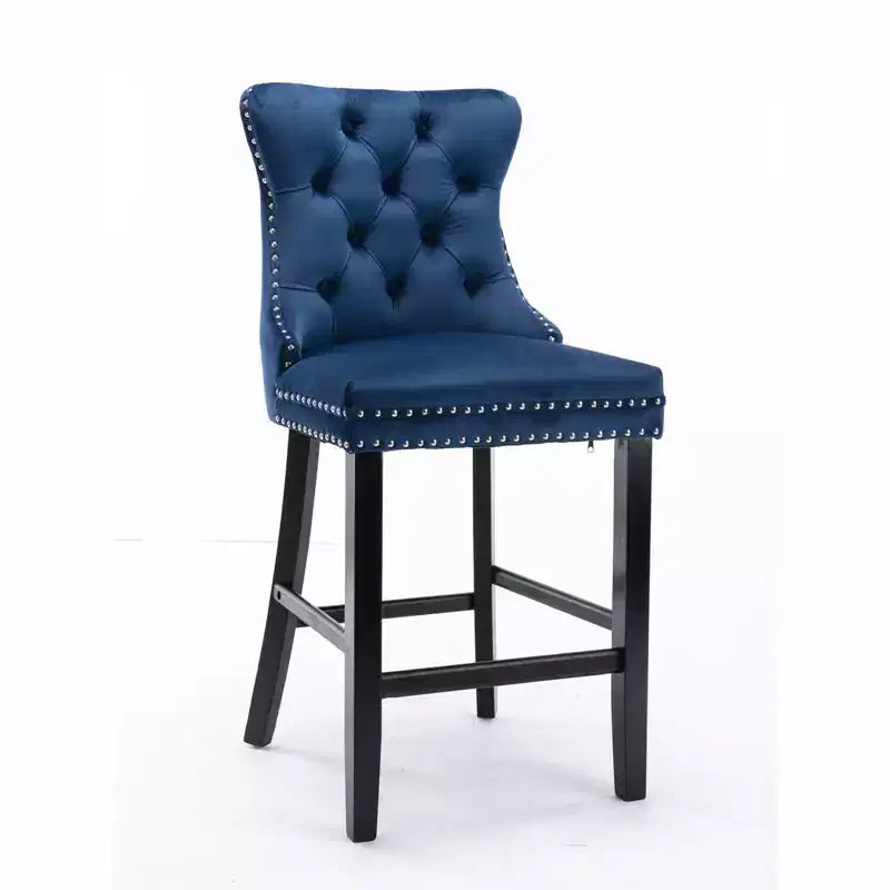 Okak Lot de 2 tabourets de bar contemporains en velours avec capitonnage et garniture cloutée chromée, tabourets rembourrés avec pieds en bois pour îlot de cuisine