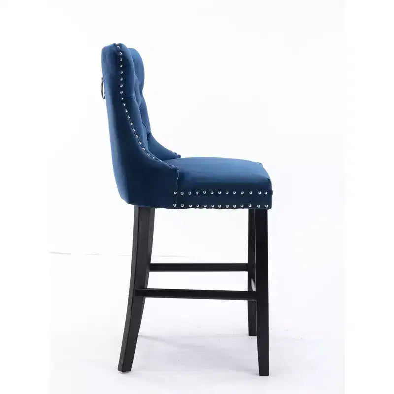 Okak Lot de 2 tabourets de bar contemporains en velours avec capitonnage et garniture cloutée chromée, tabourets rembourrés avec pieds en bois pour îlot de cuisine