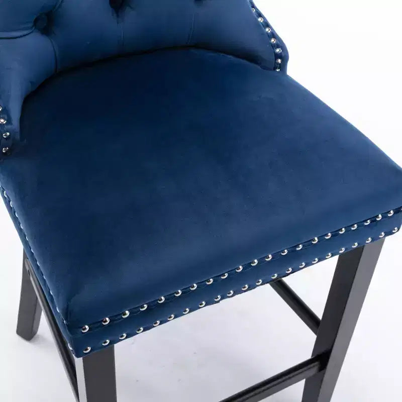 Okak Lot de 2 tabourets de bar contemporains en velours avec capitonnage et garniture cloutée chromée, tabourets rembourrés avec pieds en bois pour îlot de cuisine