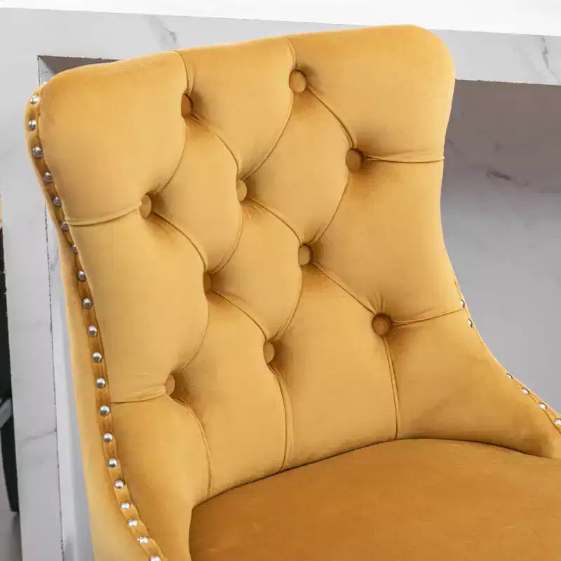 Okak Lot de 2 tabourets de bar contemporains en velours avec capitonnage et garniture cloutée chromée, tabourets rembourrés avec pieds en bois pour îlot de cuisine