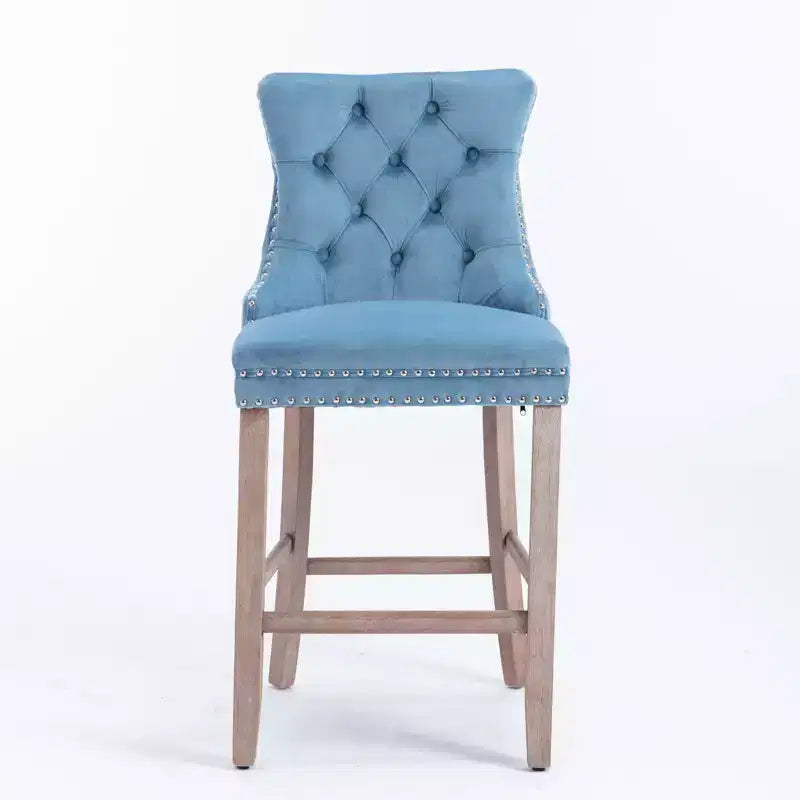 Okak Lot de 2 tabourets de bar contemporains en velours avec capitonnage et garniture cloutée chromée, tabourets rembourrés avec pieds en bois pour îlot de cuisine
