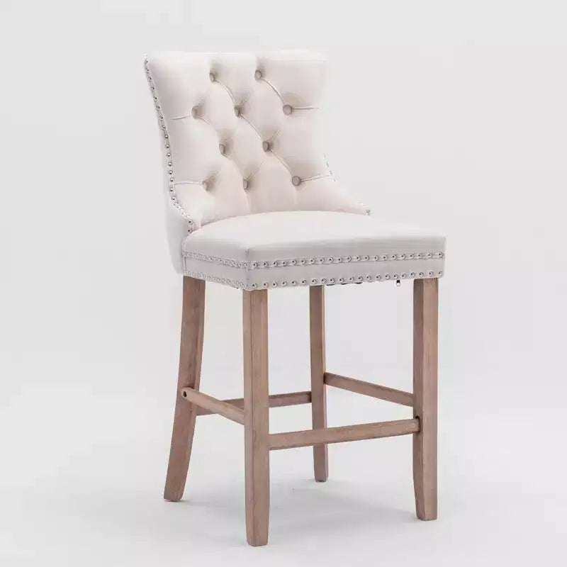 Okak Lot de 2 tabourets de bar contemporains en velours avec capitonnage et garniture cloutée chromée, tabourets rembourrés avec pieds en bois pour îlot de cuisine