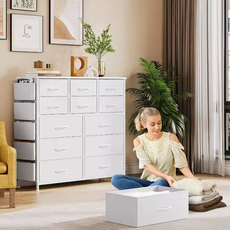 Commode en tissu Acekool à 12 tiroirs avec poches latérales Meuble de rangement pour chambre et placard