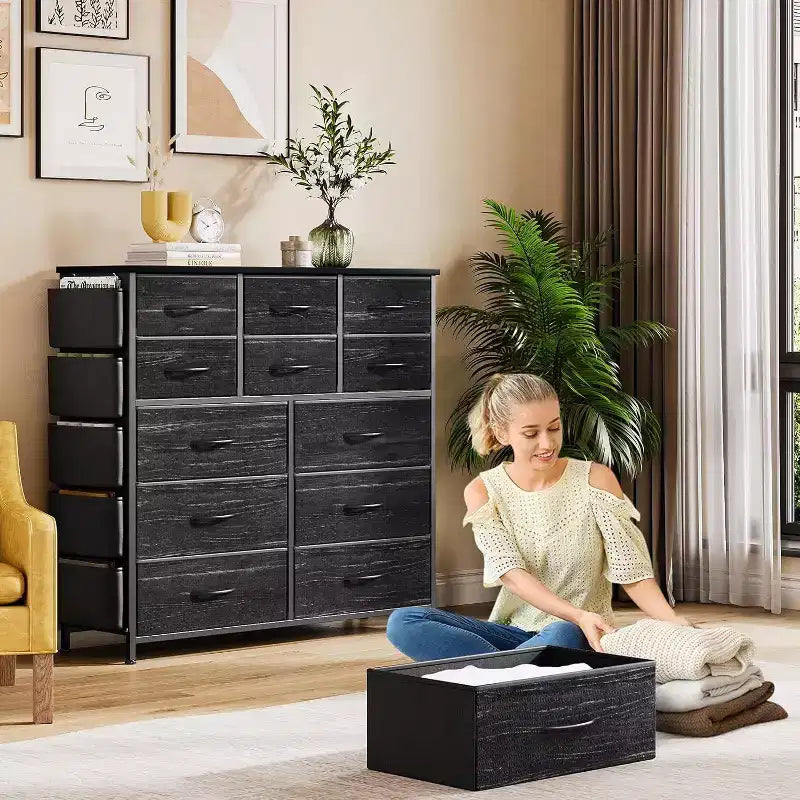 Commode en tissu Acekool à 12 tiroirs avec poches latérales Meuble de rangement pour chambre et placard