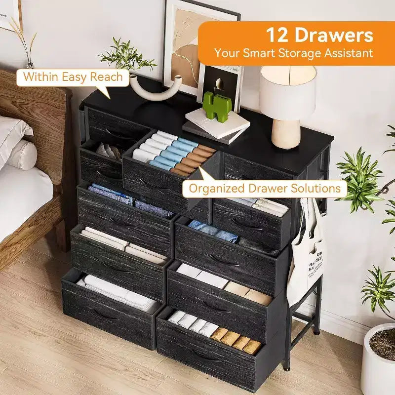 Commode en tissu Acekool à 12 tiroirs avec poches latérales Meuble de rangement pour chambre et placard